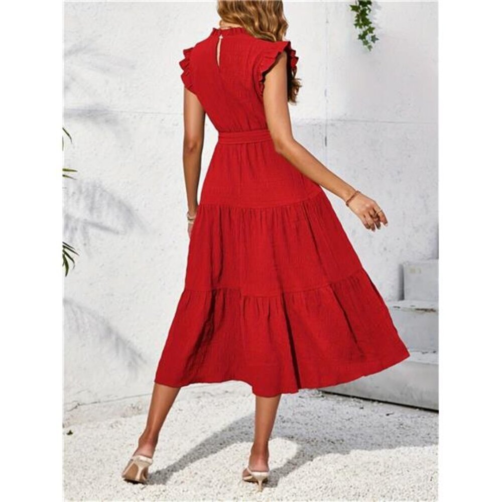 Frill Mock Neck Ruffled Cap Sleeve Midi Dress - Picture 10 of 15